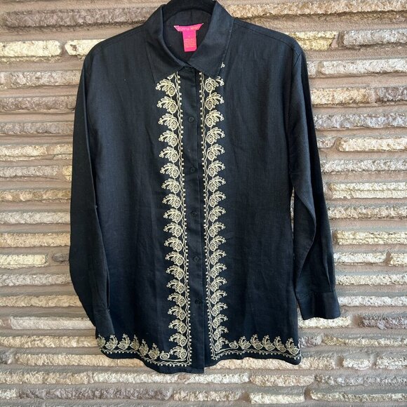 Sunny Leigh Vintage 100% Linen Black Embroidered Tunic Shirt Blouse Size Small - Picture 8 of 9